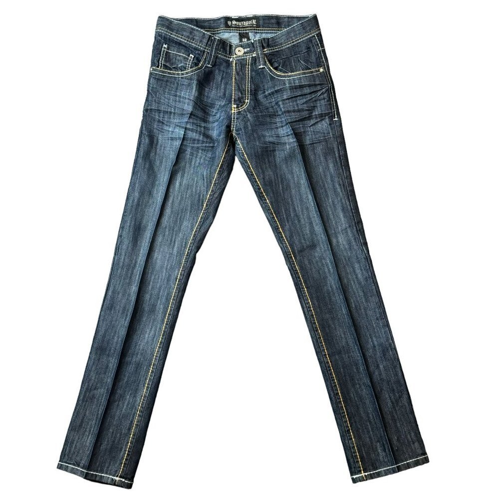 Men's Southpole Dark Wash Straight Leg Blue Denim Jeans Embroidered Pocket Sz 32
